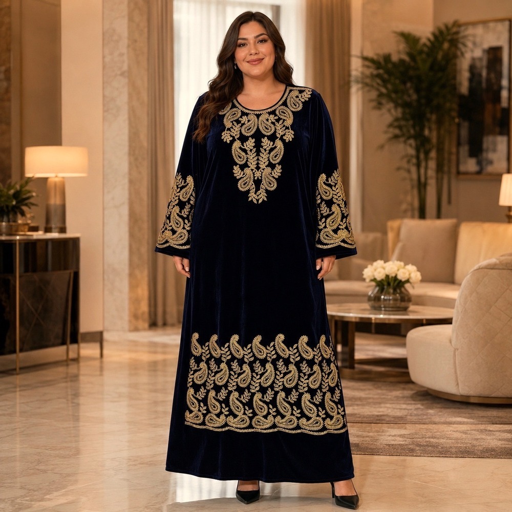 Vintage 80s 90s Navy Velvet Gold Paisley Embroidered Caftan Maxi Dress Plus Sz